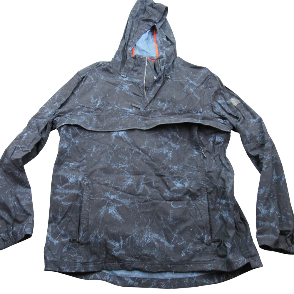 PrAna Mens XL Anorak Windbreaker Jacket Blue Black Abstract Hooded‎ Half Zip